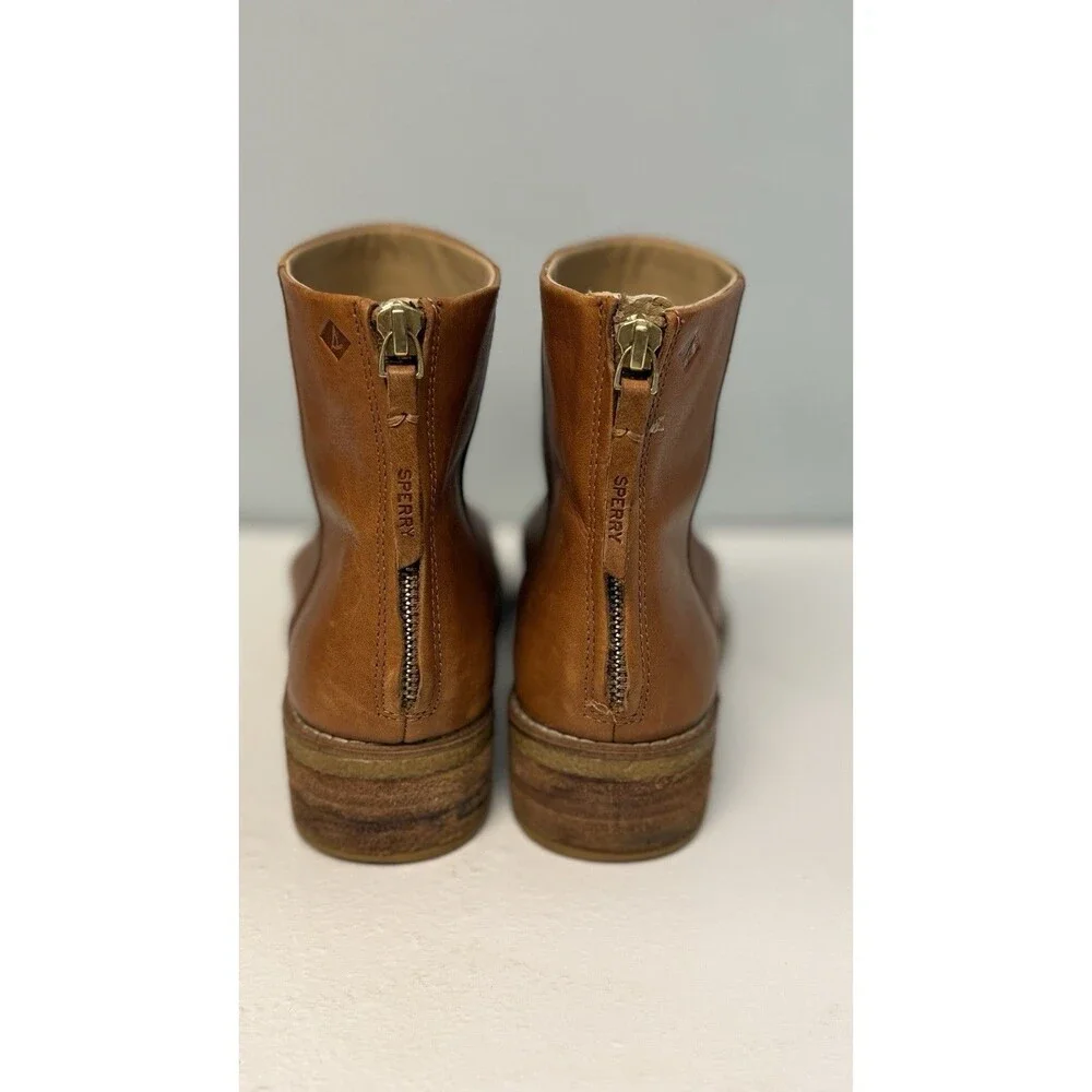 Sperry Women's Tan Leather Ankle Boots Size 9 STS82011 Back Zip Low Block Heel
